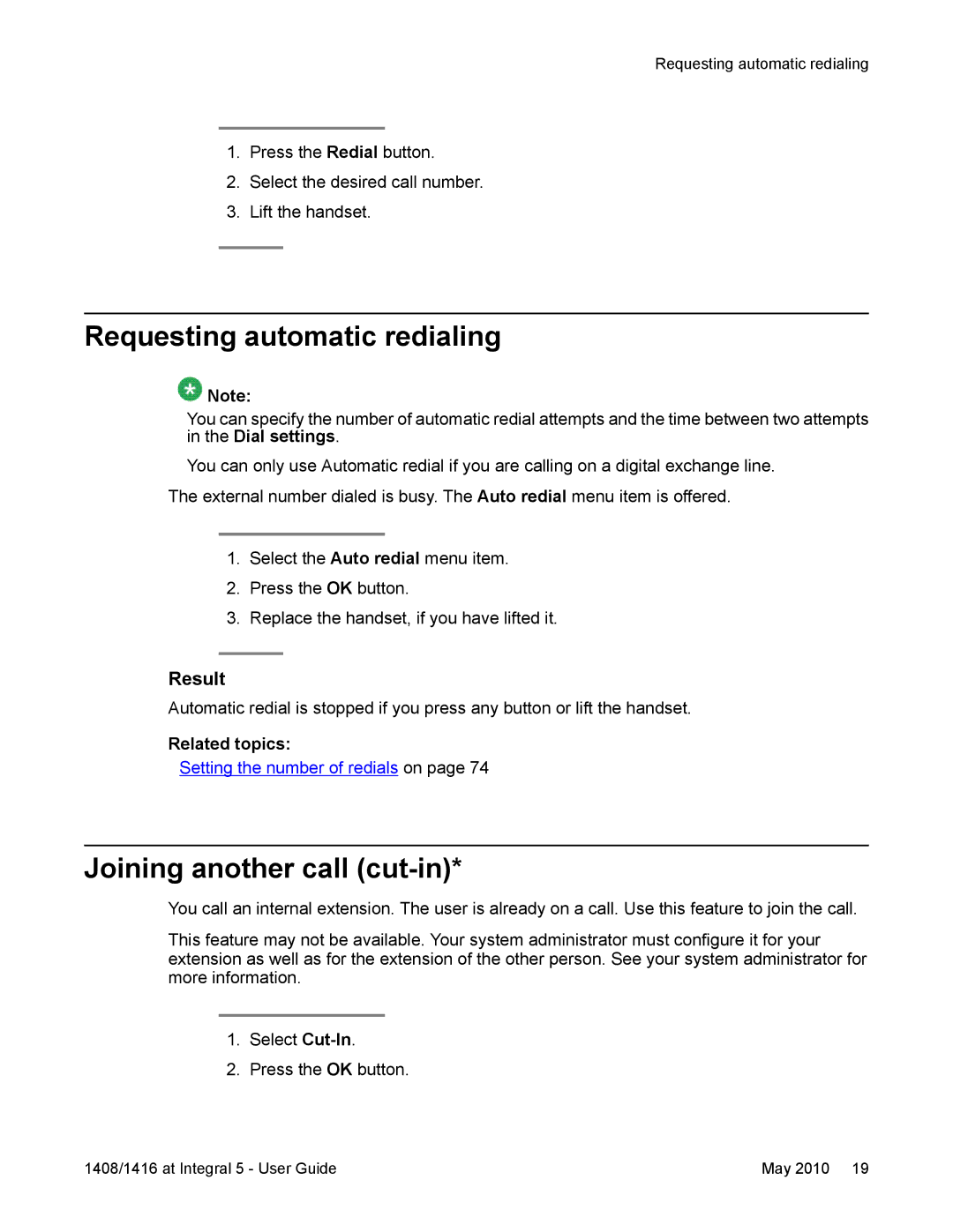 Avaya 1416, 1408 manual Requesting automatic redialing, Joining another call cut-in 