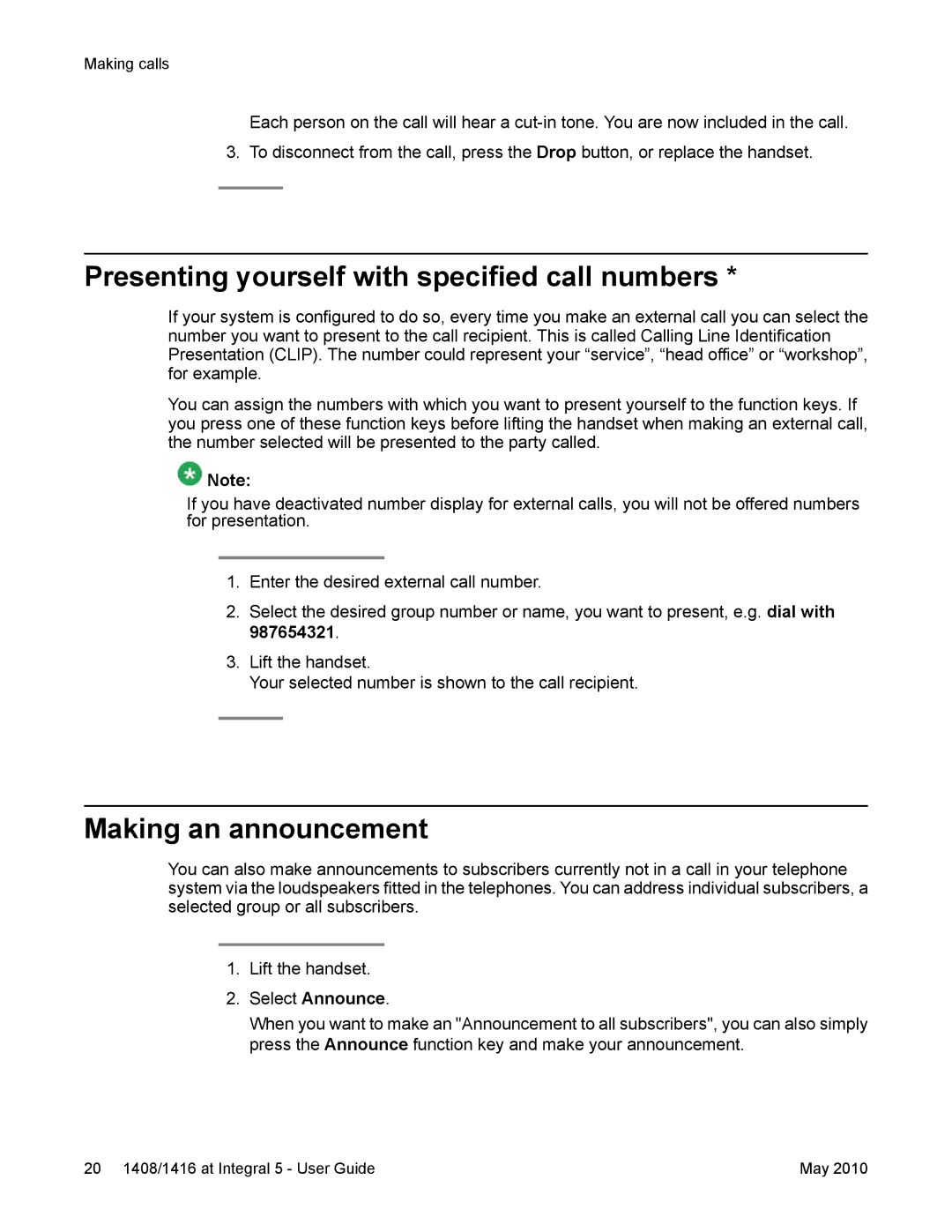 Avaya 1408, 1416 manual Presenting yourself with specified call numbers, Making an announcement 