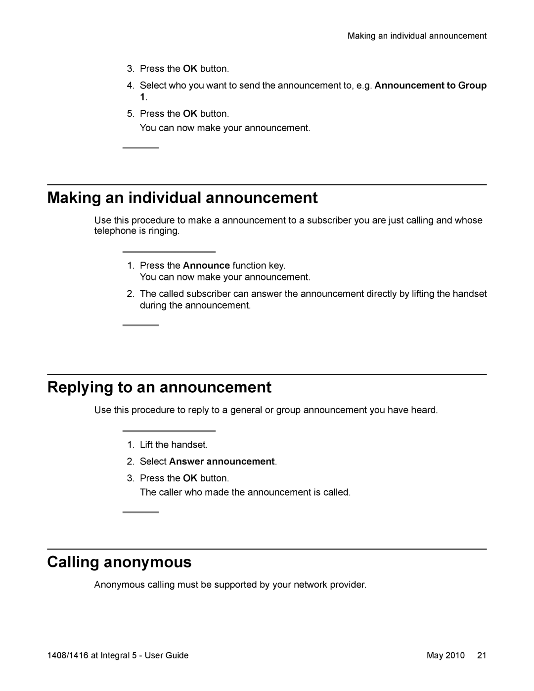 Avaya 1416 Making an individual announcement, Replying to an announcement, Calling anonymous, Select Answer announcement 