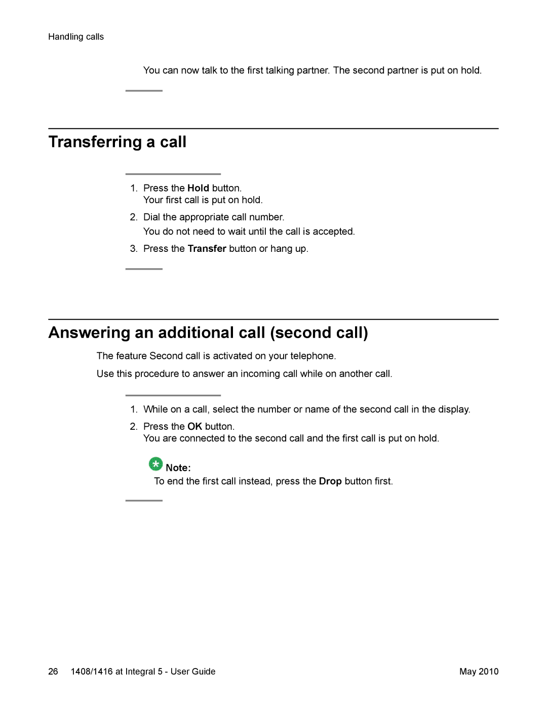 Avaya 1408, 1416 manual Transferring a call, Answering an additional call second call 