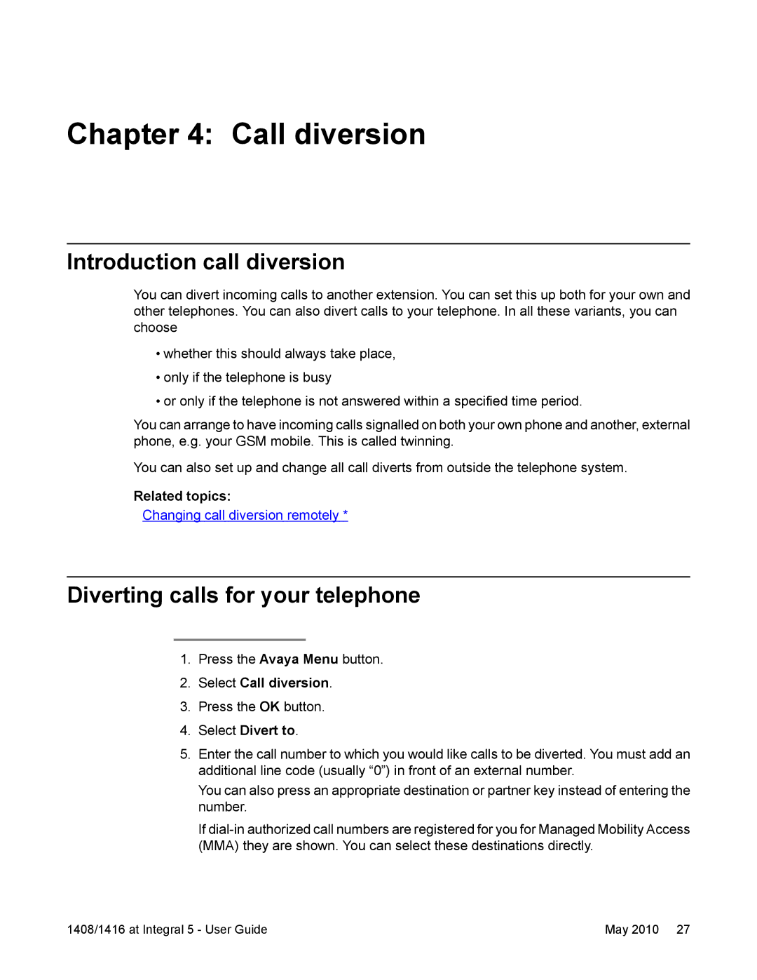 Avaya 1416 Introduction call diversion, Diverting calls for your telephone, Select Call diversion, Select Divert to 