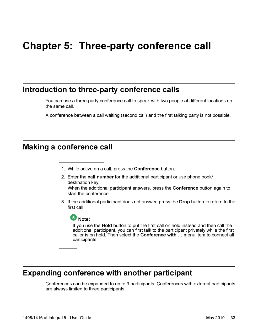 Avaya 1416, 1408 manual Three-party conference call, Introduction to three-party conference calls, Making a conference call 