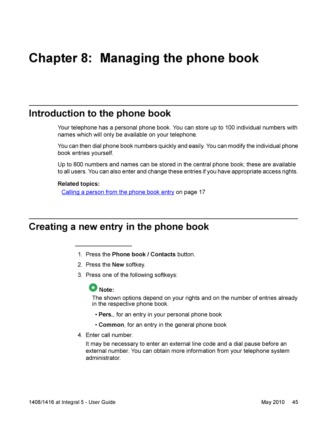 Avaya 1416, 1408 manual Managing the phone book, Introduction to the phone book, Creating a new entry in the phone book 