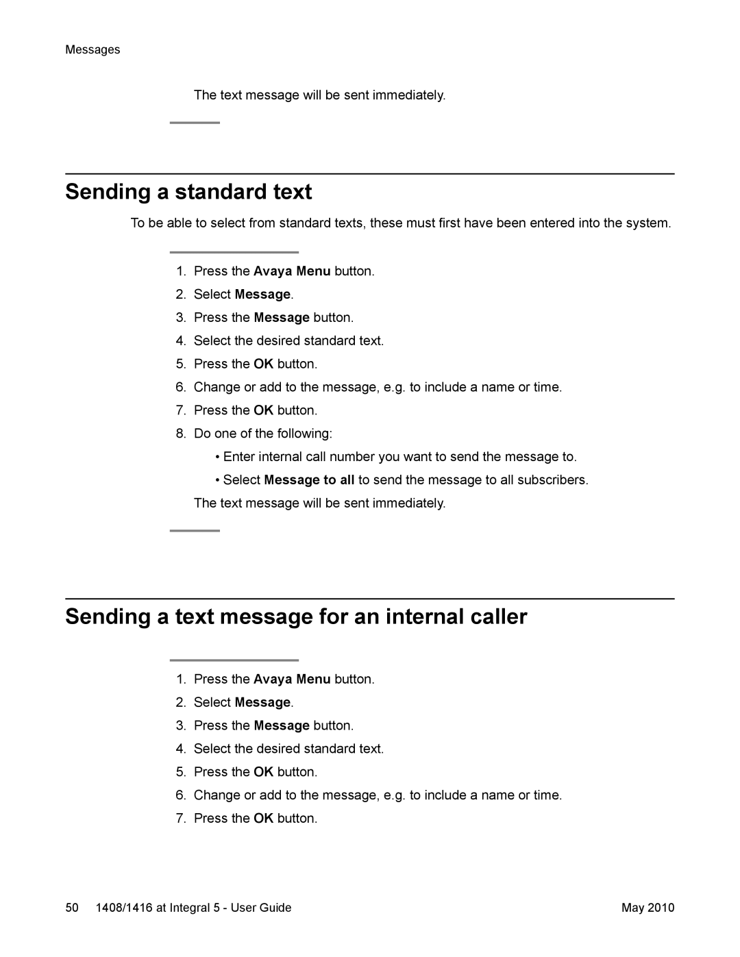 Avaya 1408, 1416 manual Sending a standard text, Sending a text message for an internal caller 