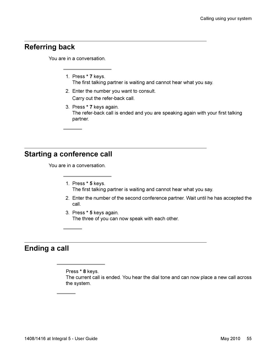 Avaya 1416, 1408 manual Referring back, Starting a conference call, Ending a call 