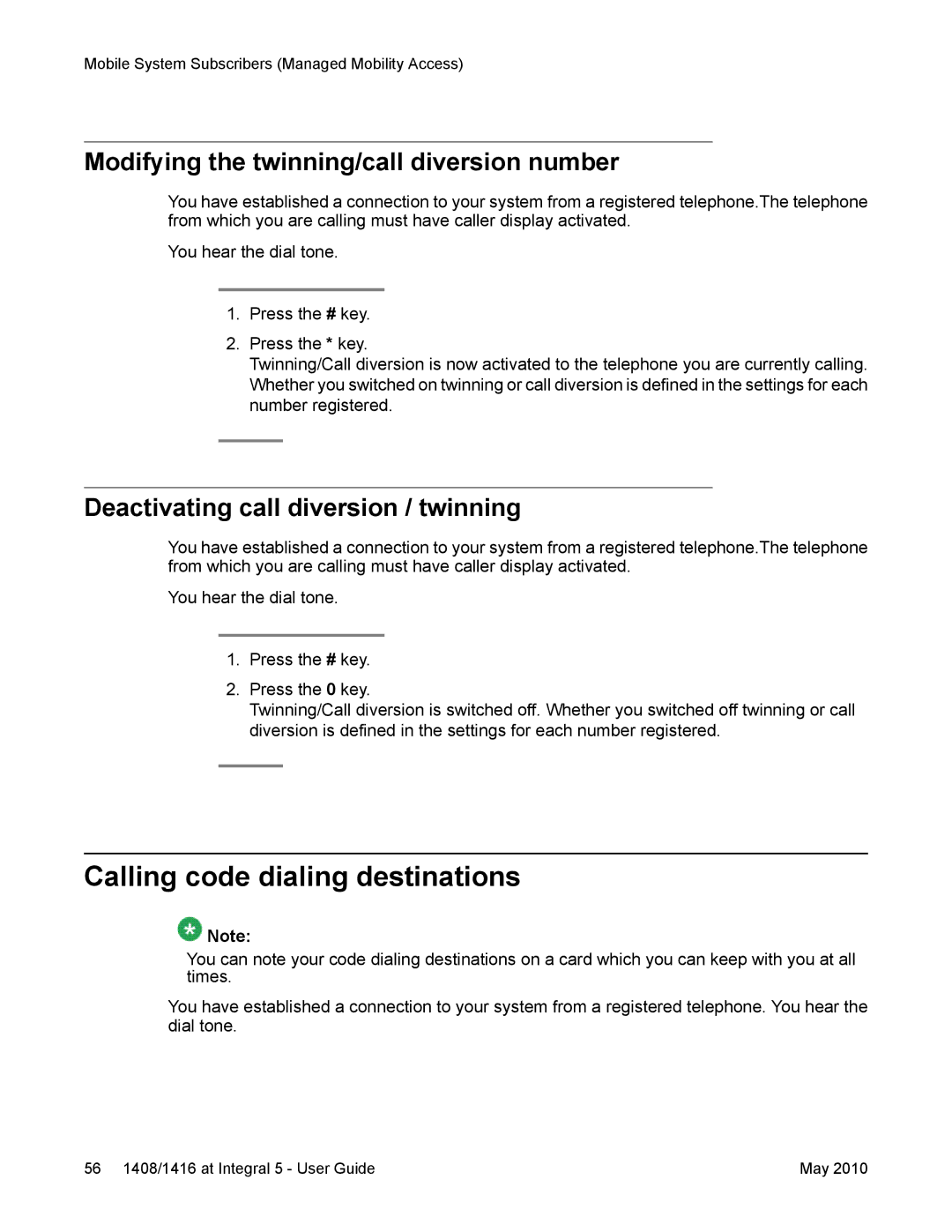 Avaya 1408, 1416 manual Calling code dialing destinations, Modifying the twinning/call diversion number 