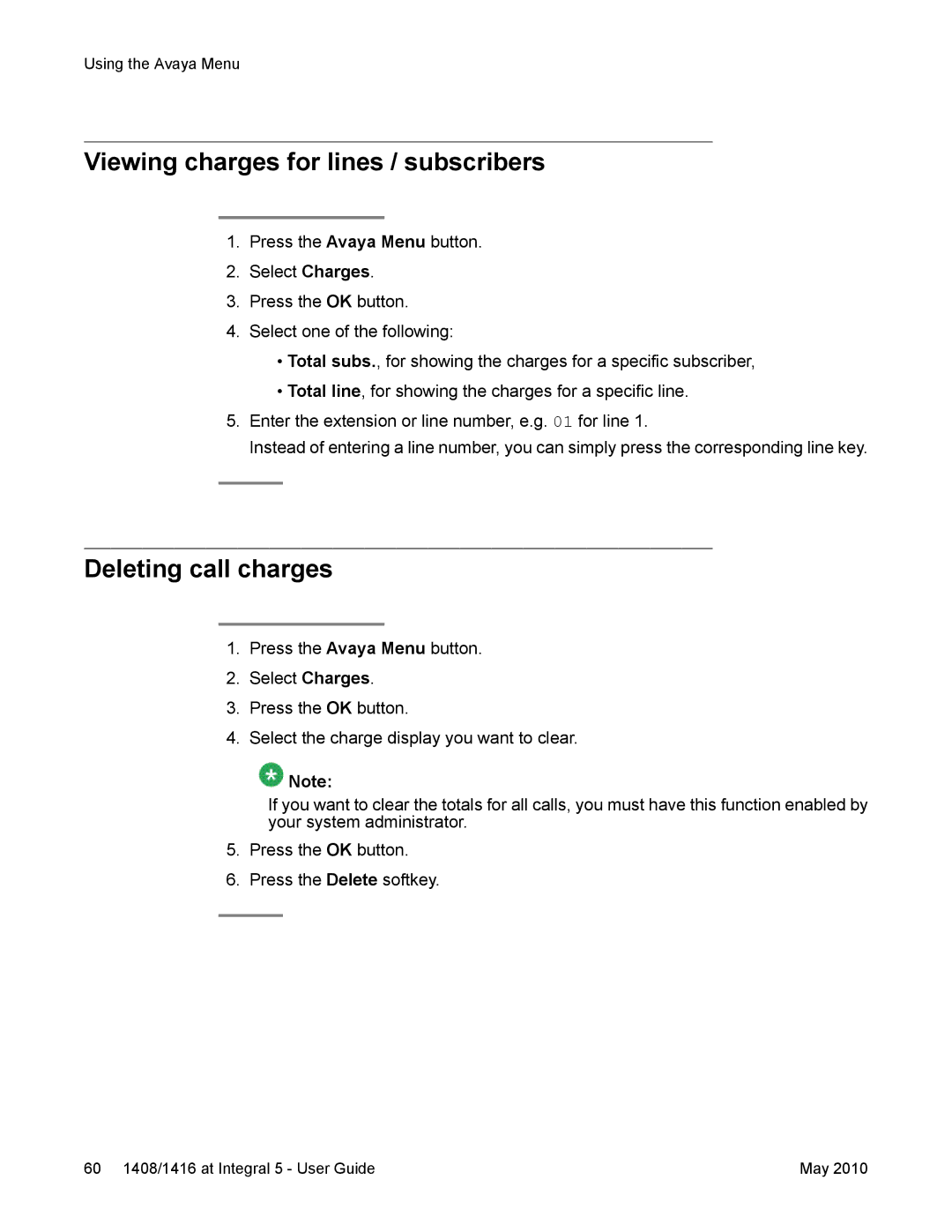 Avaya 1408, 1416 manual Viewing charges for lines / subscribers, Deleting call charges 