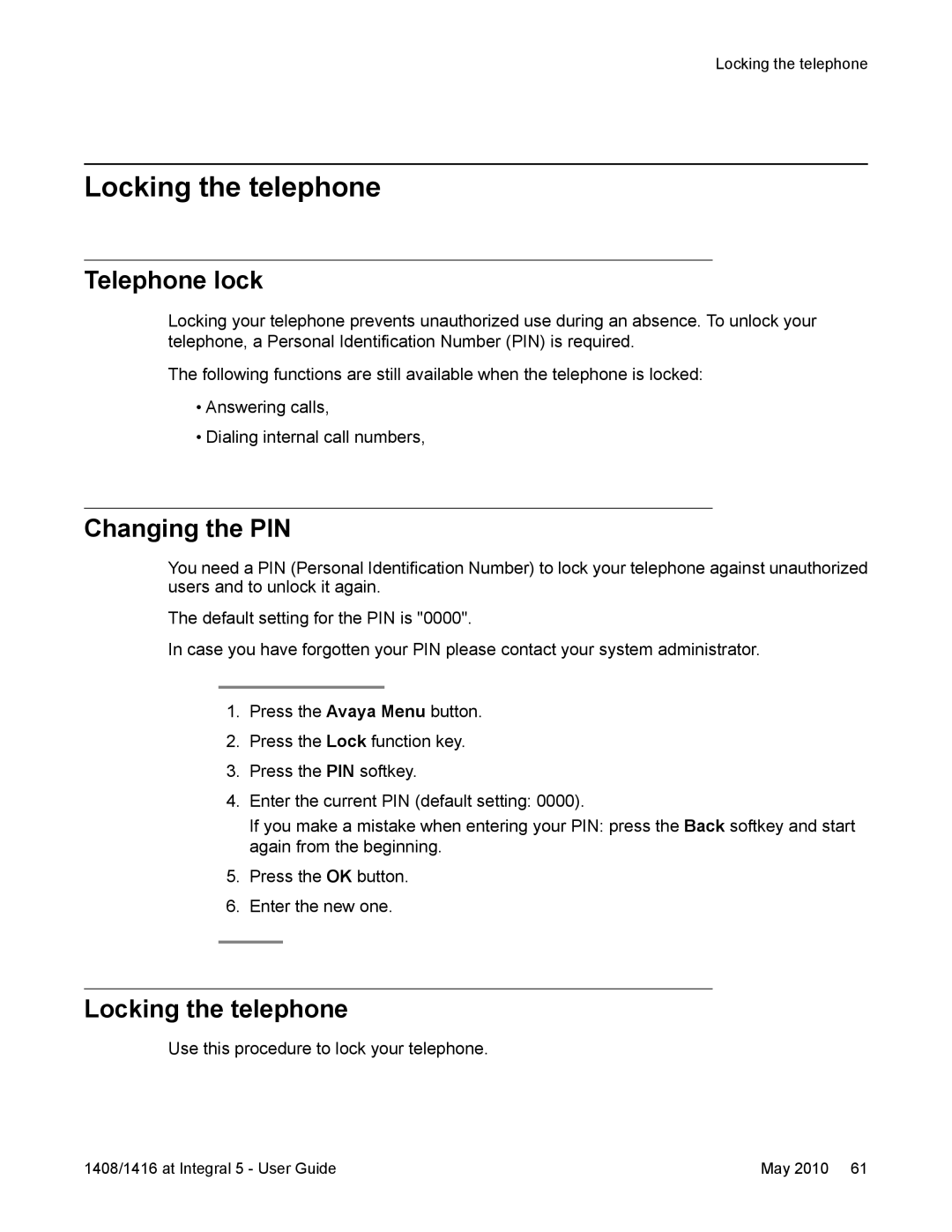 Avaya 1416, 1408 manual Locking the telephone, Telephone lock, Changing the PIN 