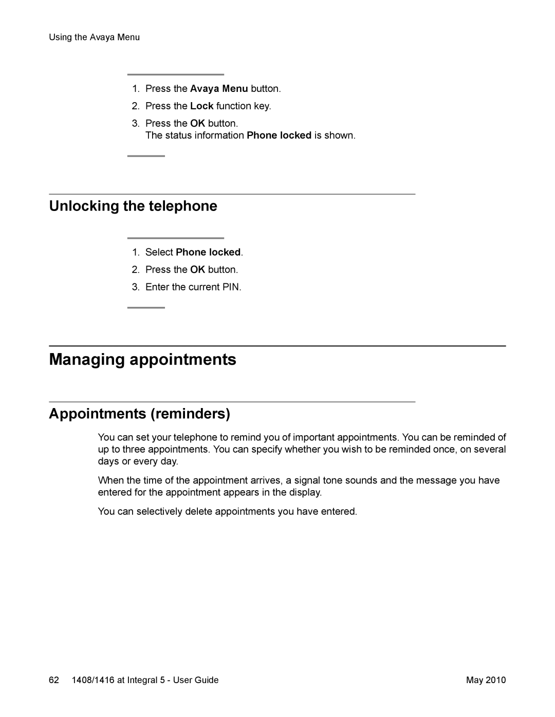 Avaya 1408, 1416 manual Managing appointments, Unlocking the telephone, Appointments reminders, Select Phone locked 