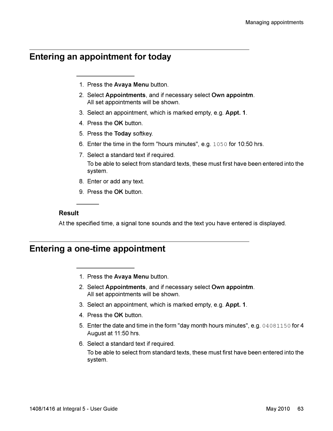 Avaya 1416, 1408 manual Entering an appointment for today, Entering a one-time appointment 