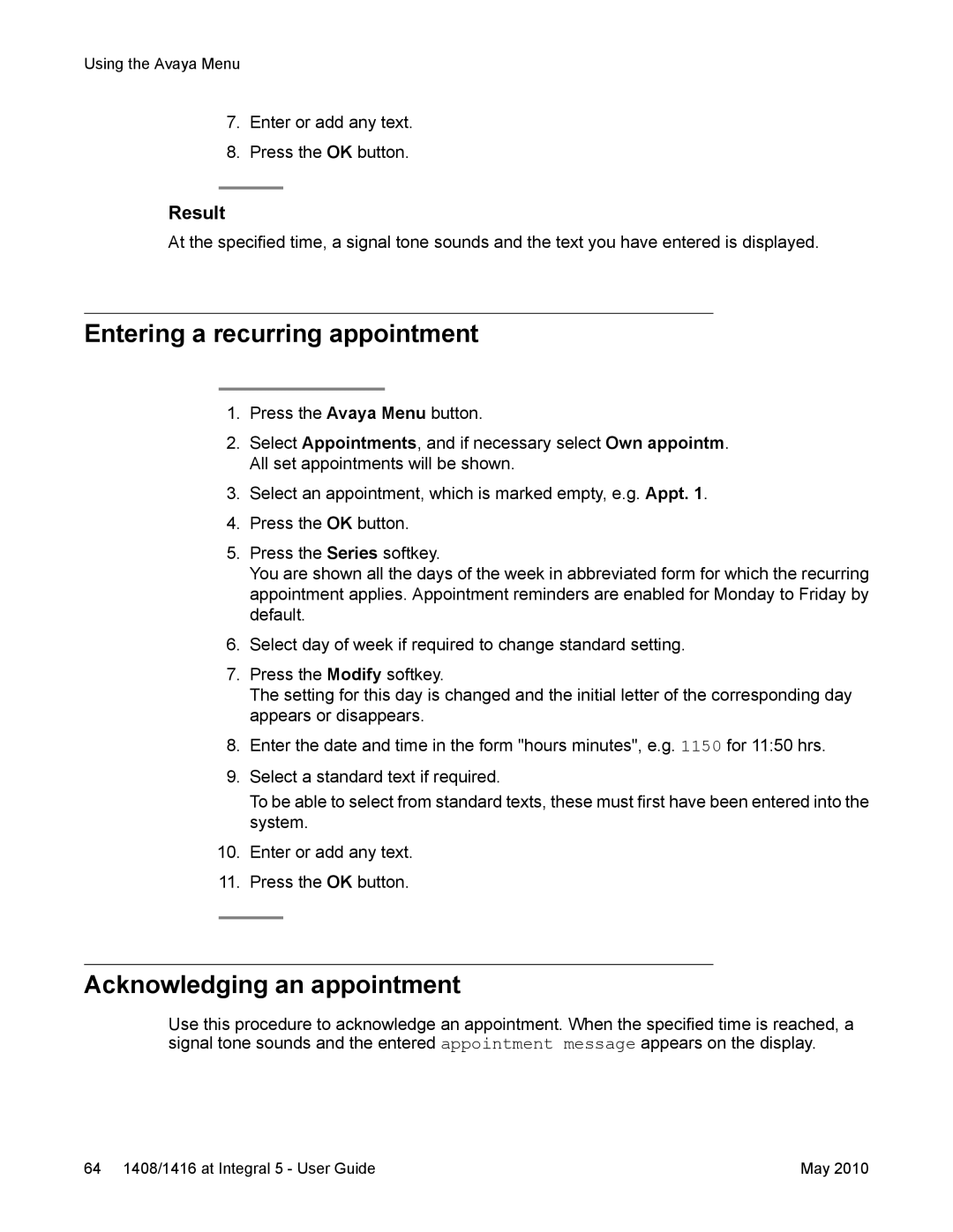 Avaya 1408, 1416 manual Entering a recurring appointment, Acknowledging an appointment 