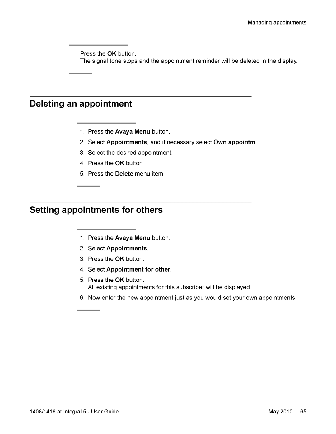Avaya 1416 Deleting an appointment, Setting appointments for others, Select Appointments, Select Appointment for other 