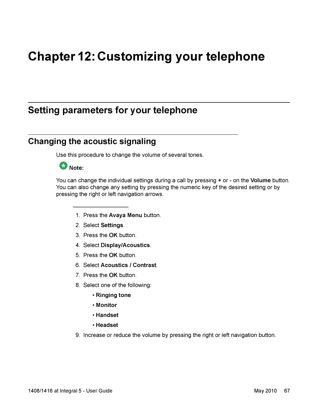 Avaya 1416, 1408 manual Customizing your telephone, Setting parameters for your telephone, Changing the acoustic signaling 