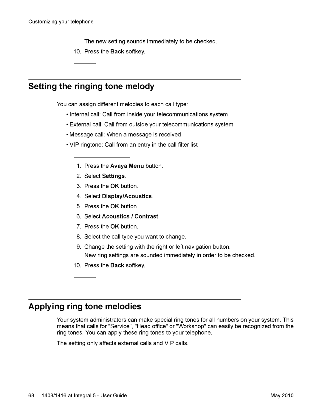 Avaya 1408, 1416 manual Setting the ringing tone melody, Applying ring tone melodies 