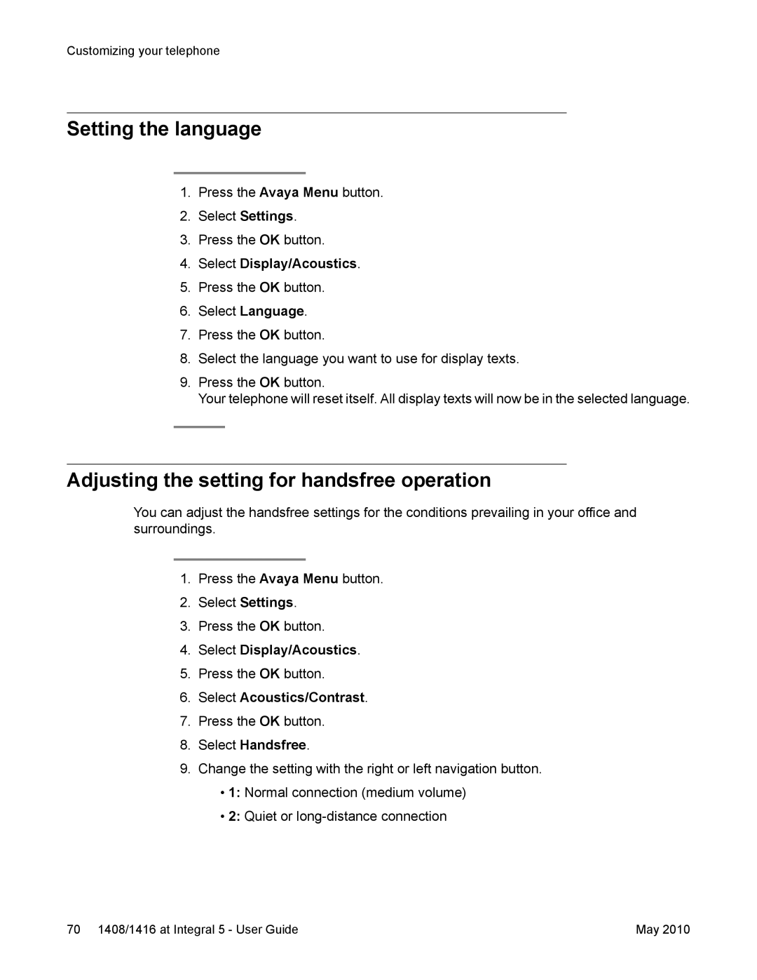 Avaya 1408, 1416 manual Setting the language, Adjusting the setting for handsfree operation, Select Handsfree 