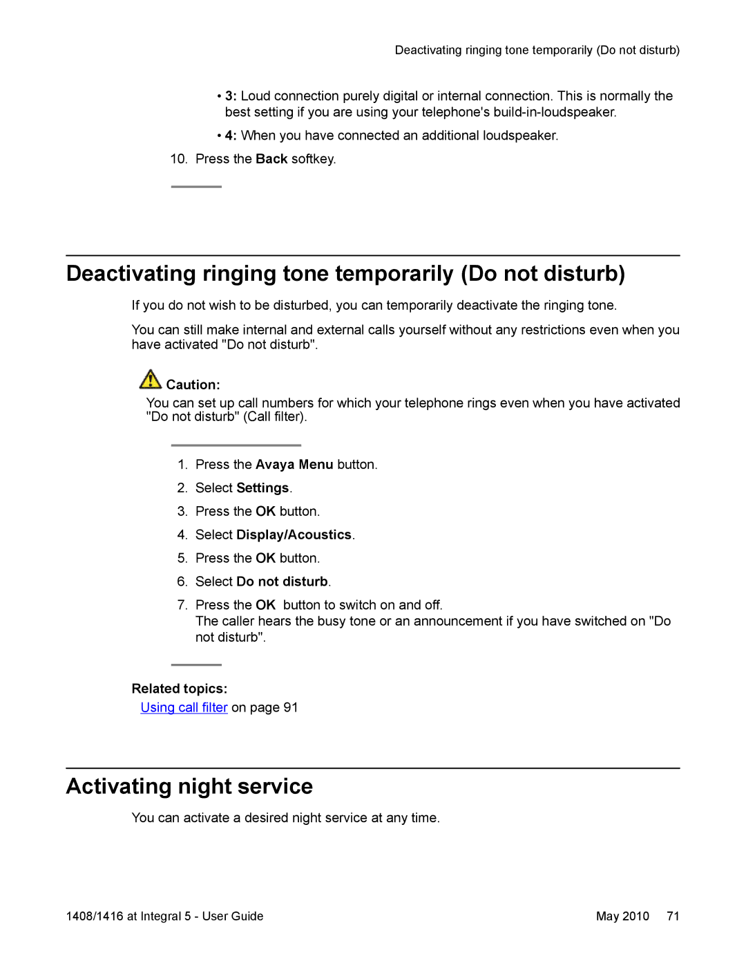 Avaya 1416, 1408 Deactivating ringing tone temporarily Do not disturb, Activating night service, Select Do not disturb 