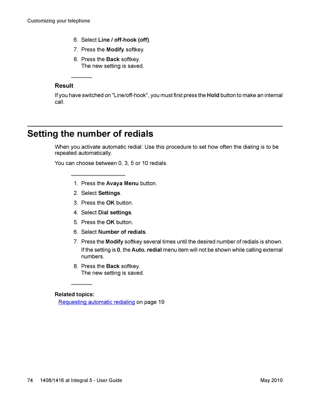 Avaya 1408, 1416 manual Setting the number of redials, Select Line / off-hook off, Select Number of redials 