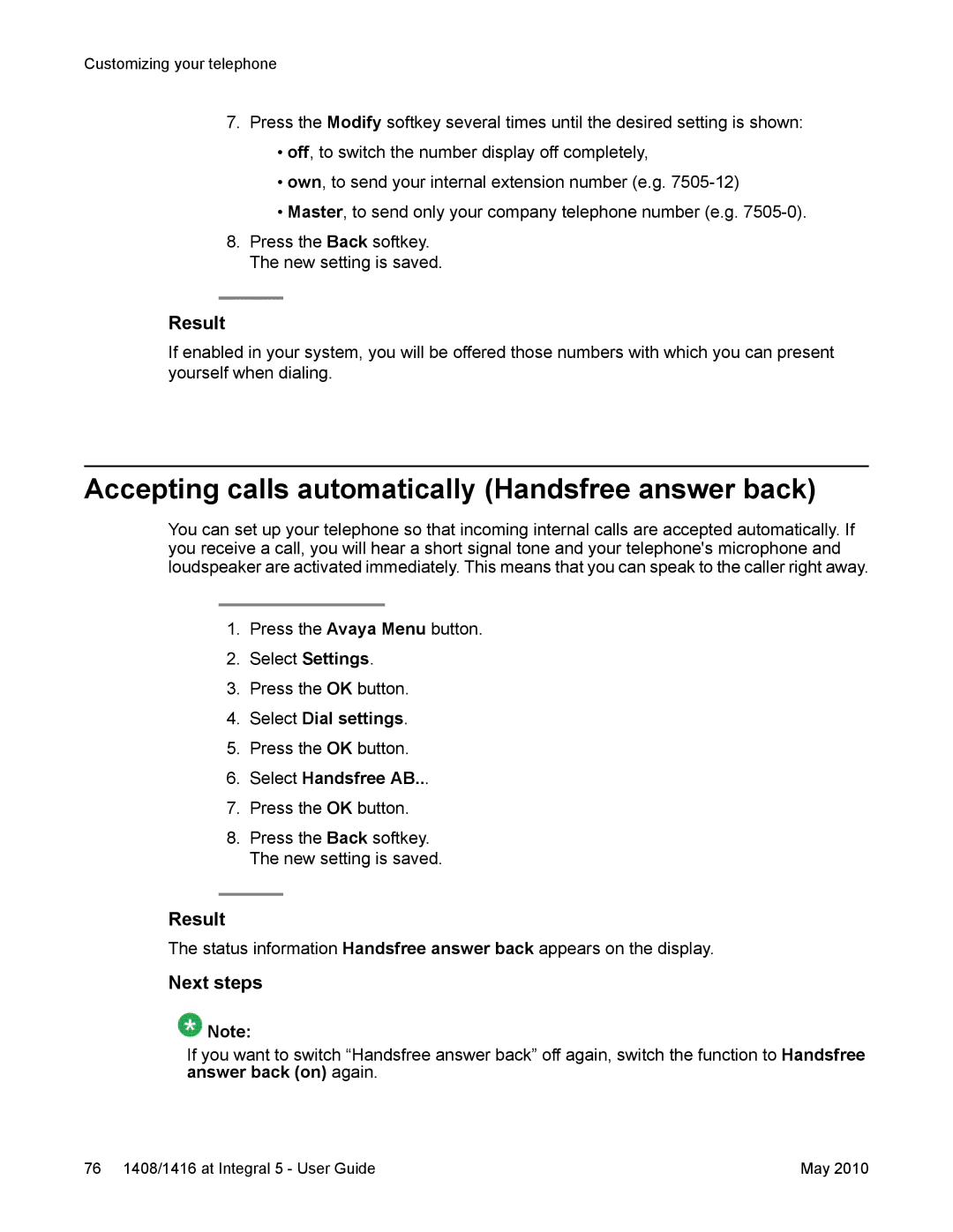 Avaya 1408, 1416 manual Accepting calls automatically Handsfree answer back, Select Handsfree AB 