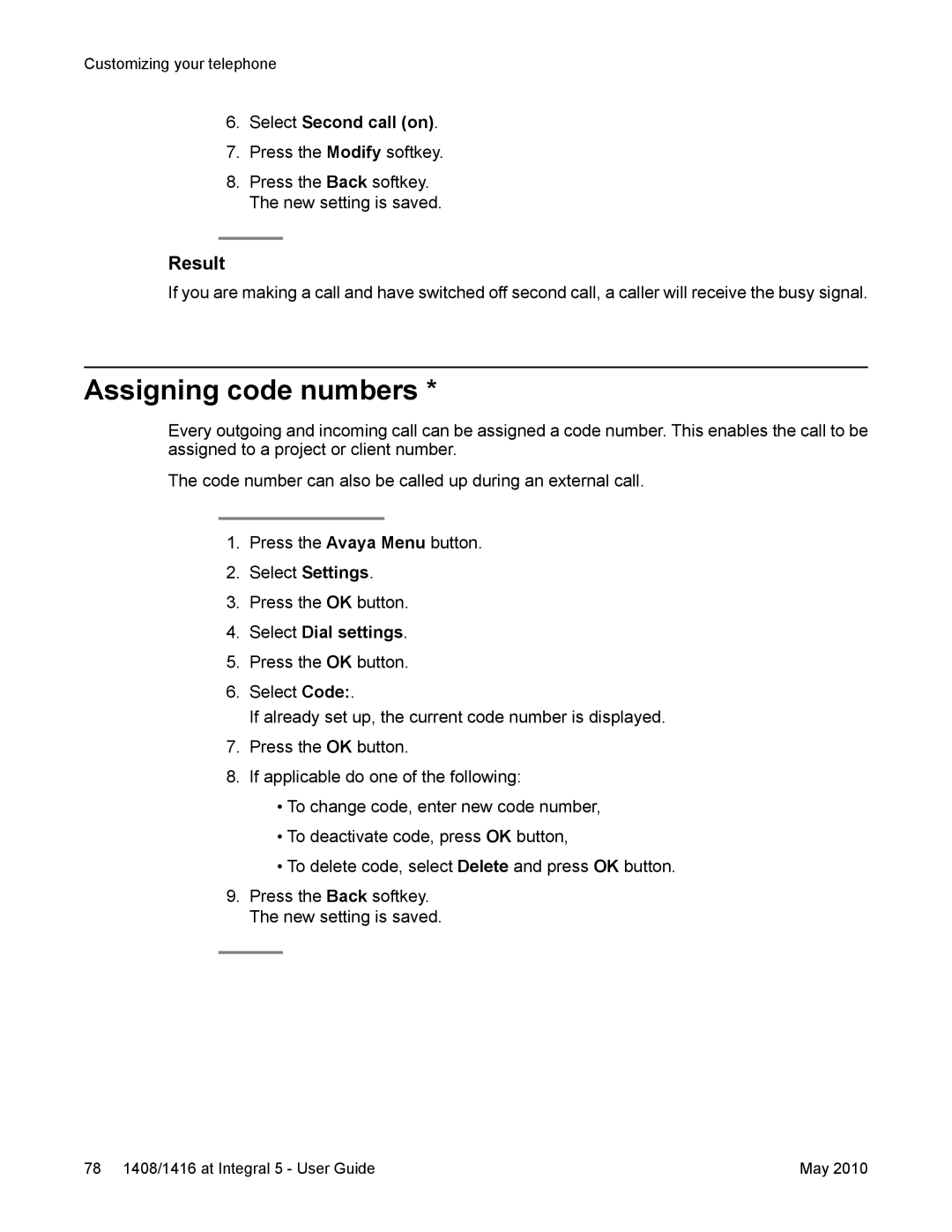 Avaya 1408, 1416 manual Assigning code numbers, Select Second call on 