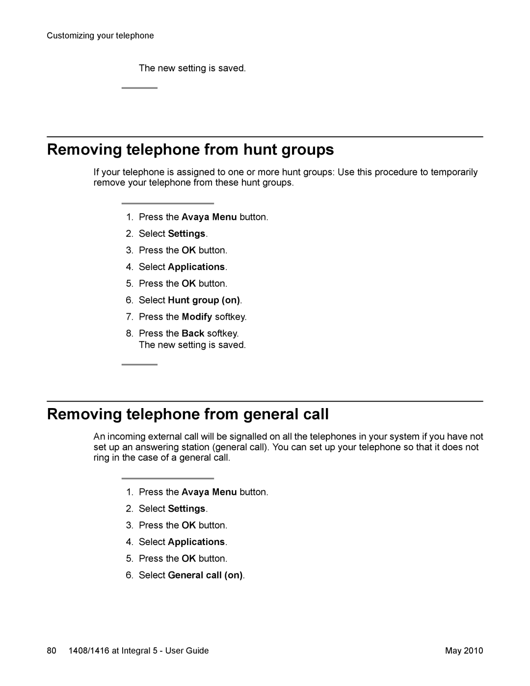 Avaya 1408, 1416 manual Removing telephone from hunt groups, Removing telephone from general call, Select Hunt group on 