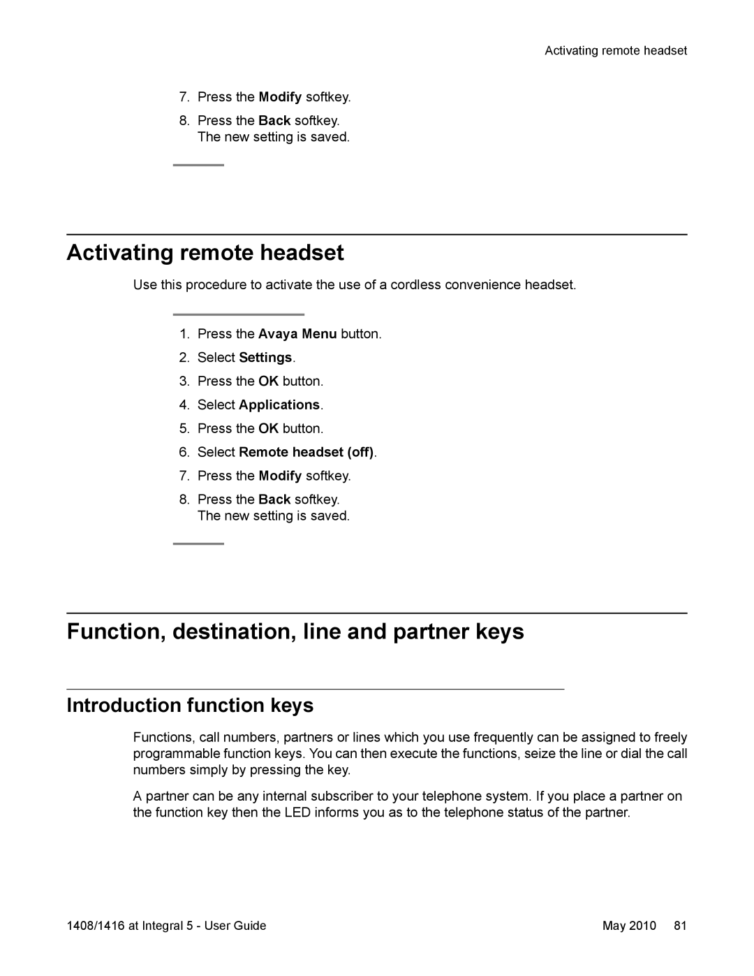 Avaya 1416, 1408 manual Activating remote headset, Function, destination, line and partner keys, Introduction function keys 