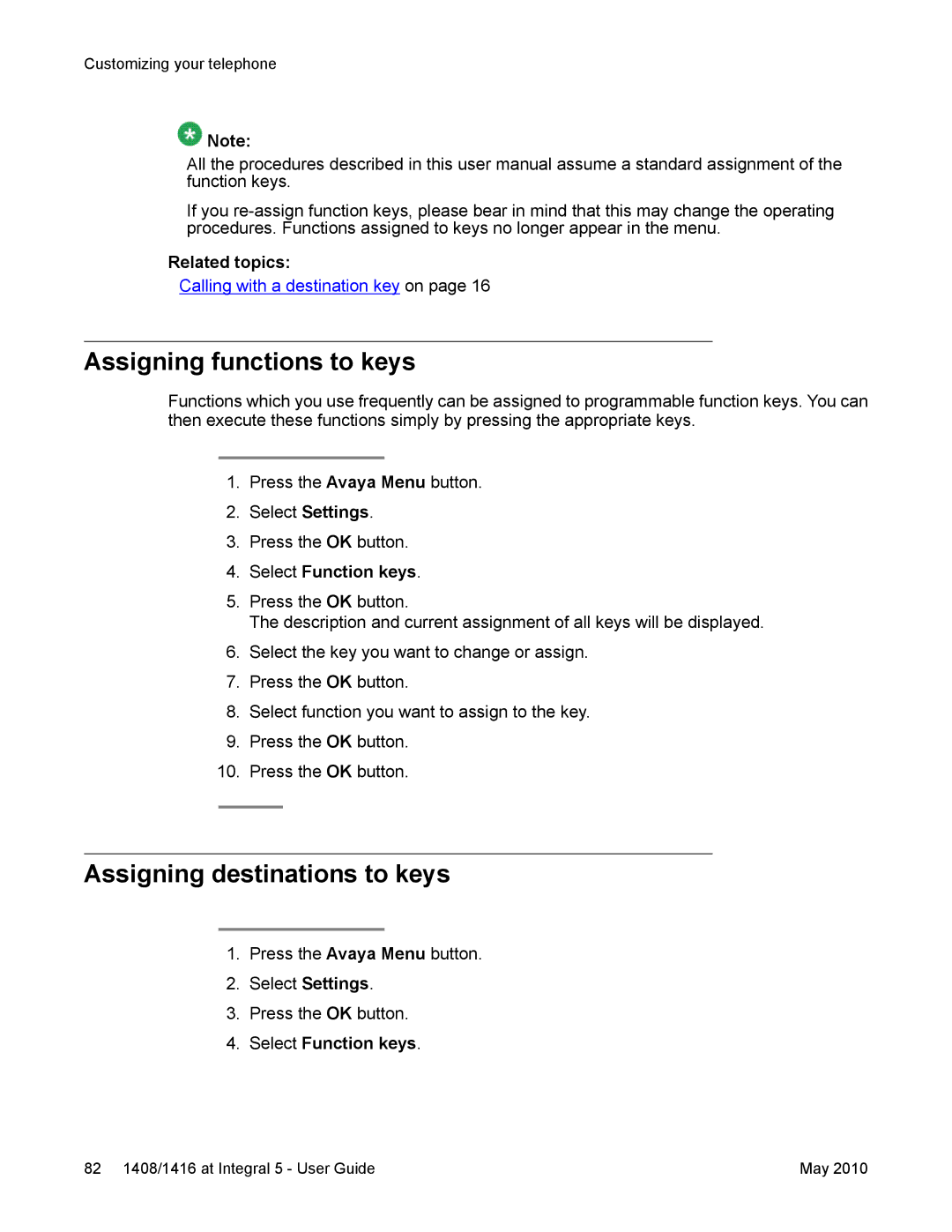Avaya 1408, 1416 manual Assigning functions to keys, Assigning destinations to keys, Select Function keys 