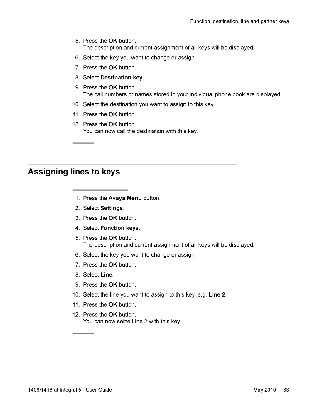 Avaya 1416, 1408 manual Assigning lines to keys, Select Destination key 