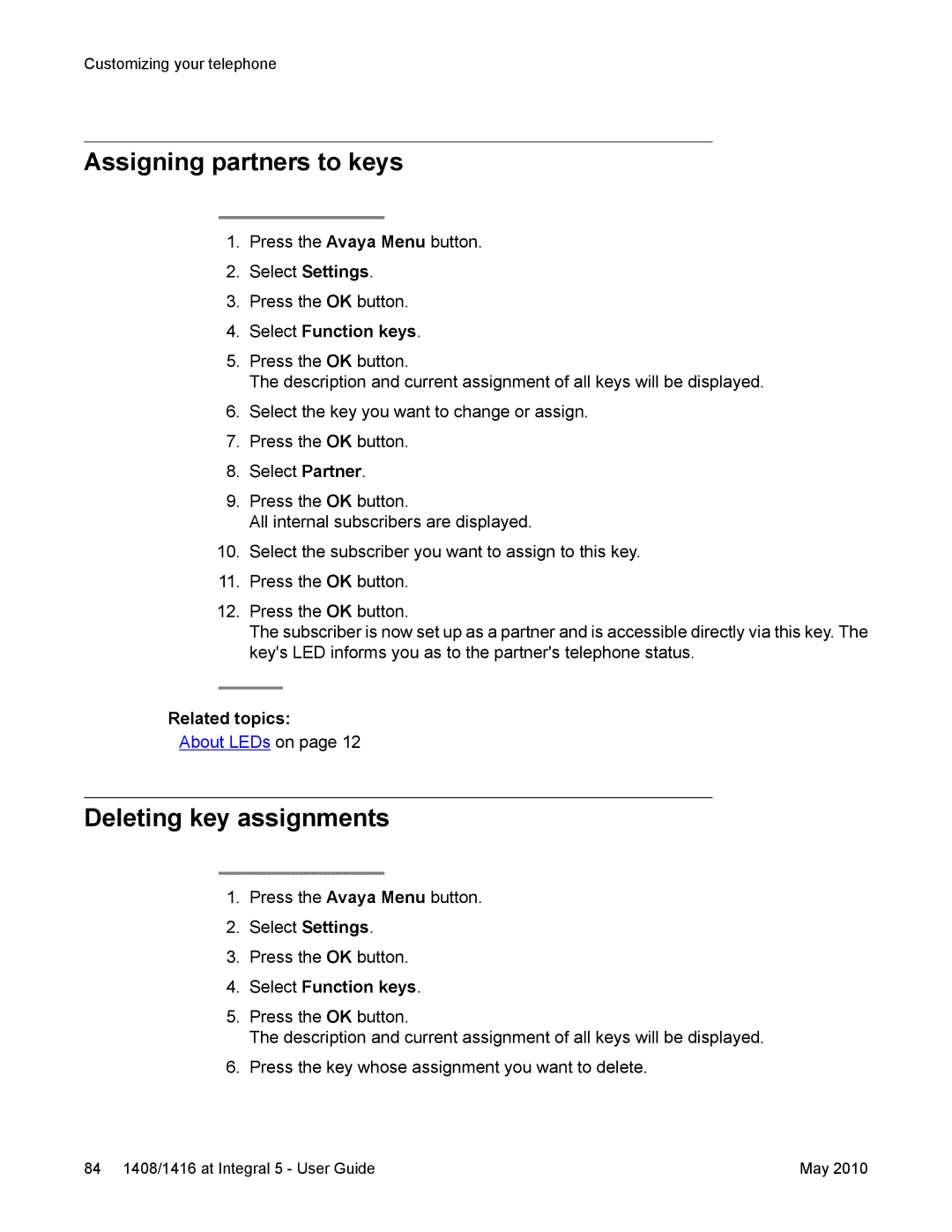 Avaya 1408, 1416 manual Assigning partners to keys, Deleting key assignments 