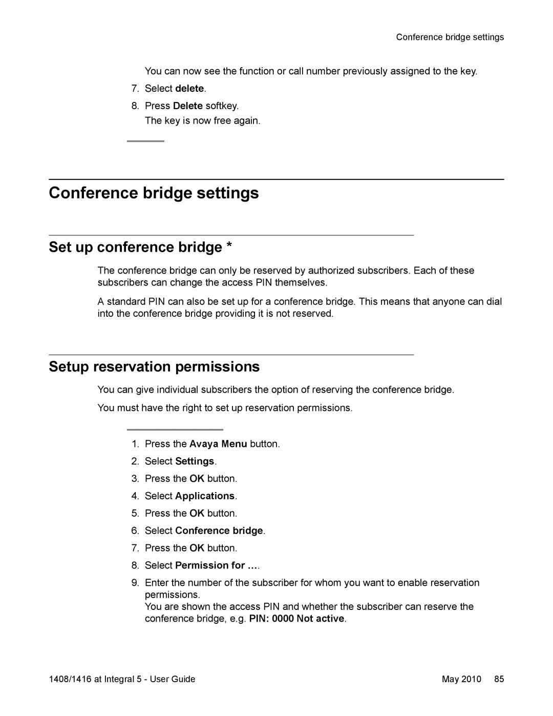 Avaya 1416 Conference bridge settings, Set up conference bridge, Setup reservation permissions, Select Permission for … 