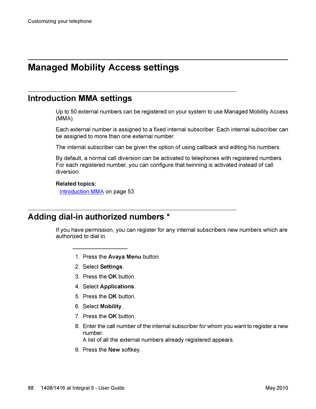 Avaya 1408, 1416 manual Managed Mobility Access settings, Introduction MMA settings, Adding dial-in authorized numbers 