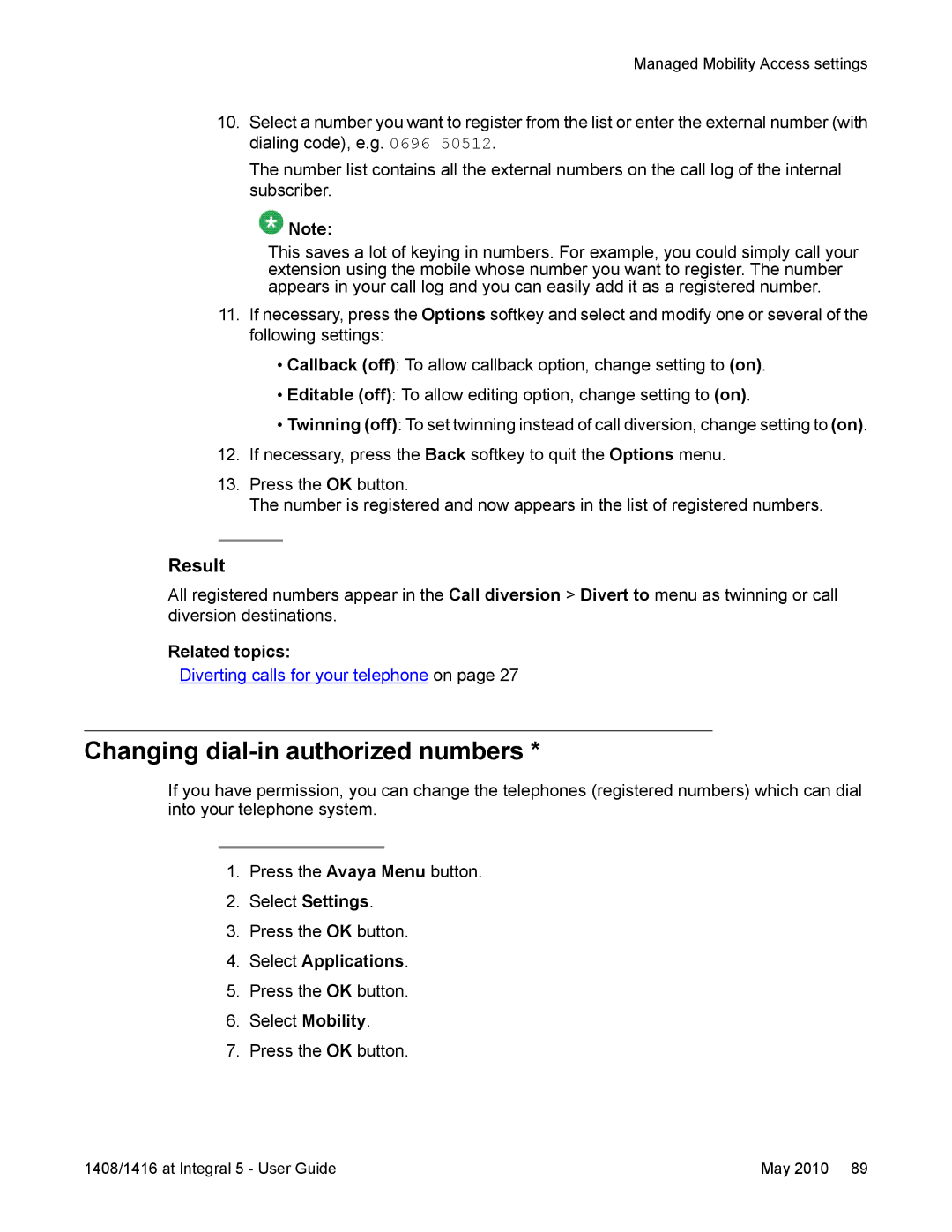 Avaya 1416, 1408 manual Changing dial-in authorized numbers 