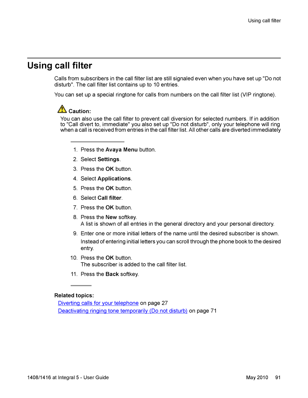 Avaya 1416, 1408 manual Using call filter, Select Call filter 