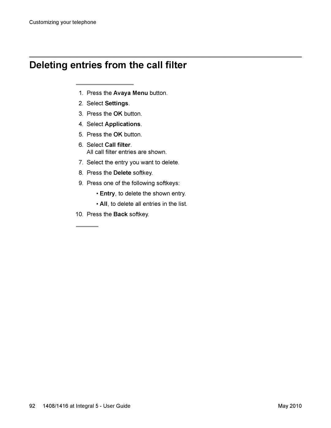 Avaya 1408, 1416 manual Deleting entries from the call filter 
