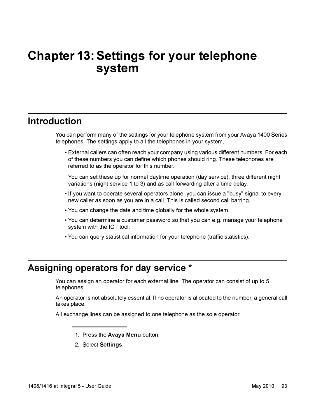 Avaya 1416, 1408 manual Settings for your telephone system, Introduction, Assigning operators for day service 