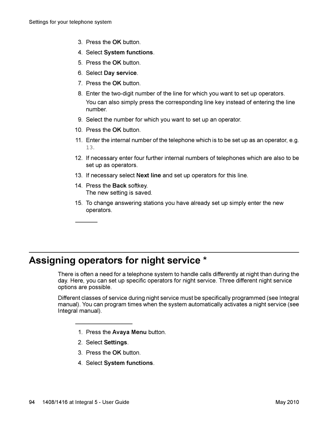 Avaya 1408, 1416 manual Assigning operators for night service, Select System functions, Select Day service 