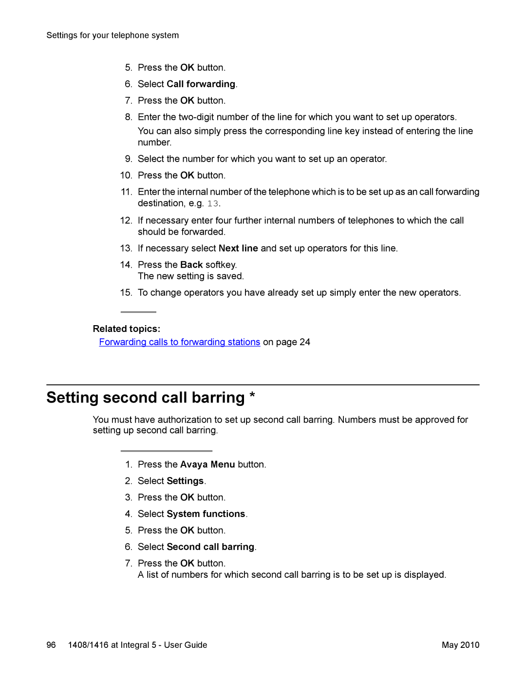 Avaya 1408, 1416 manual Setting second call barring, Select Call forwarding, Select Second call barring 