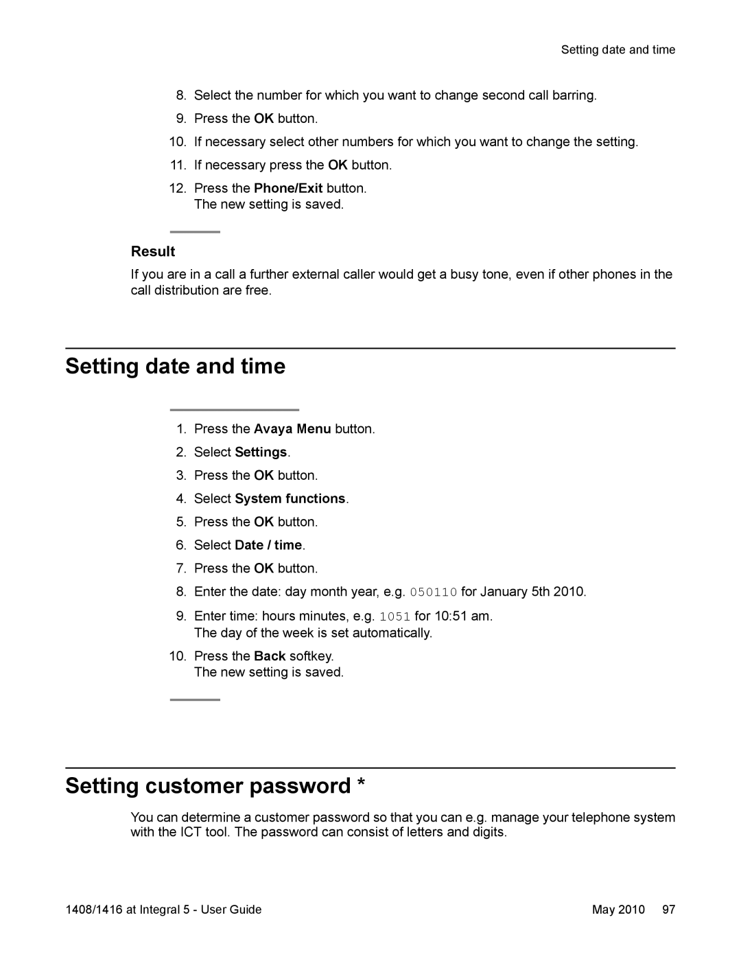 Avaya 1416, 1408 manual Setting date and time, Setting customer password, Select Date / time 