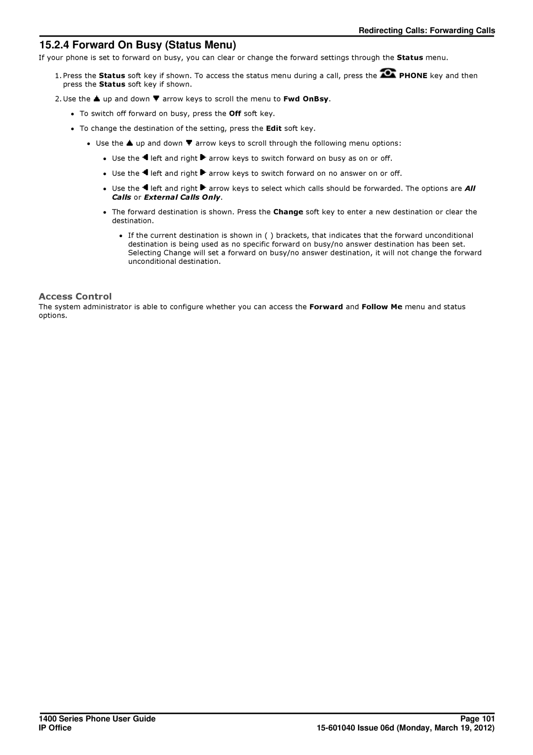 Avaya 15-601040 manual Forward On Busy Status Menu 