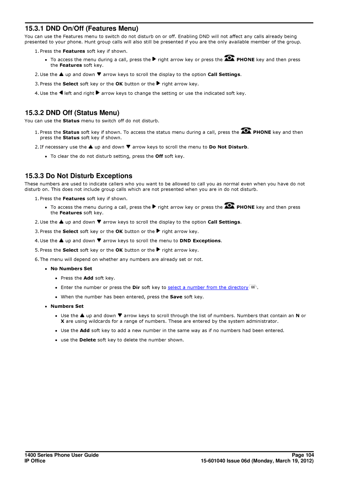 Avaya 15-601040 DND On/Off Features Menu, DND Off Status Menu, Do Not Disturb Exceptions, ∙ No Numbers Set, ∙ Numbers Set 