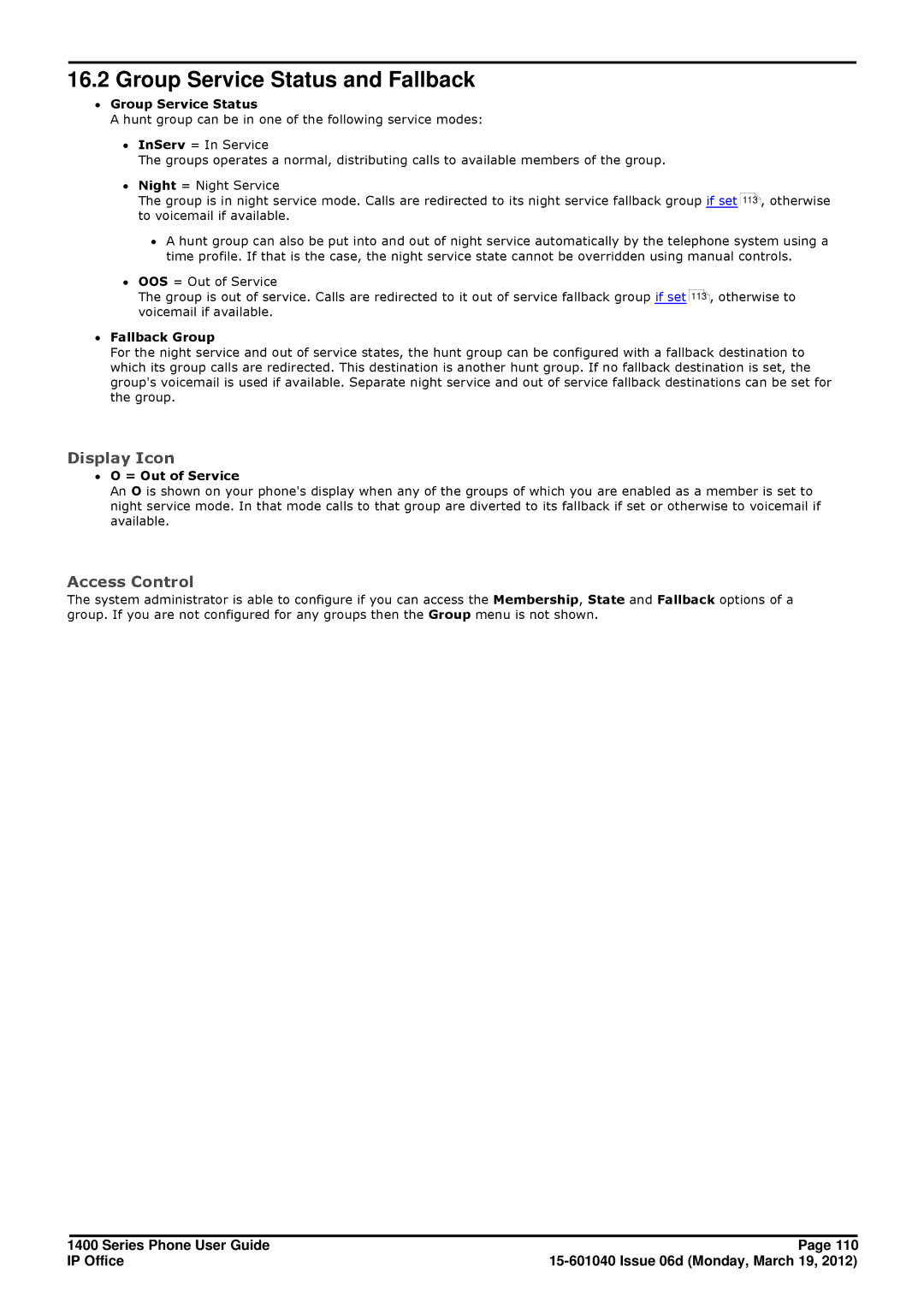 Avaya 15-601040 manual Group Service Status and Fallback, Display Icon, ∙ Group Service Status, ∙ Fallback Group 