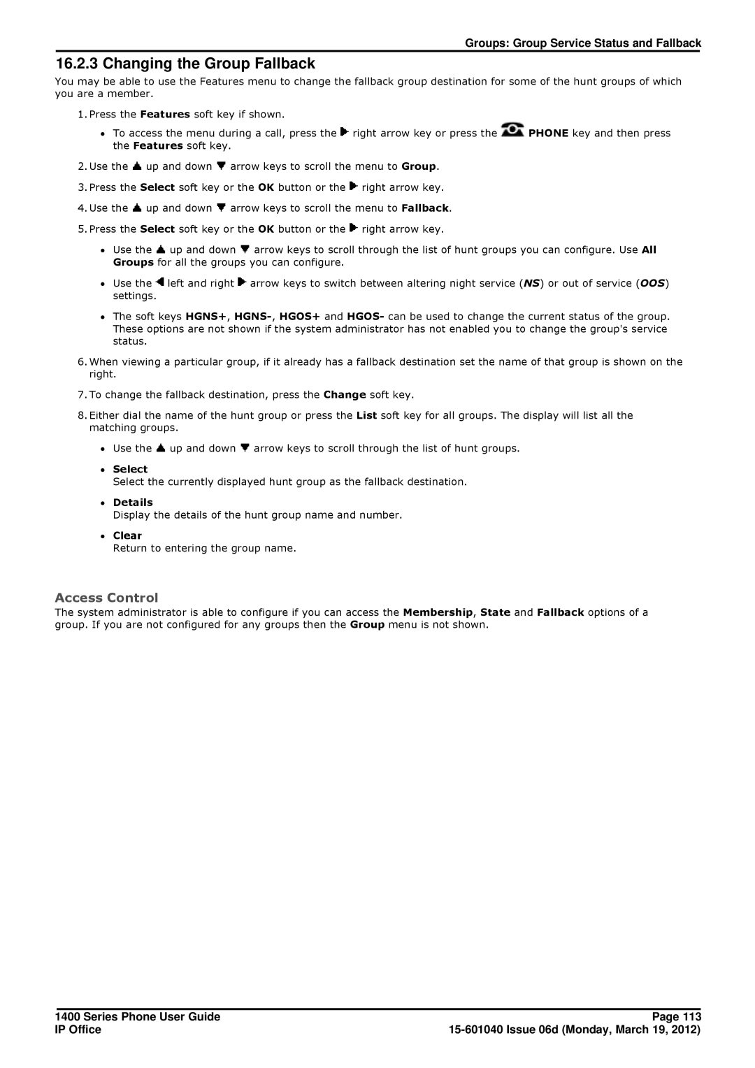 Avaya 15-601040 manual Changing the Group Fallback, ∙ Select, ∙ Details 