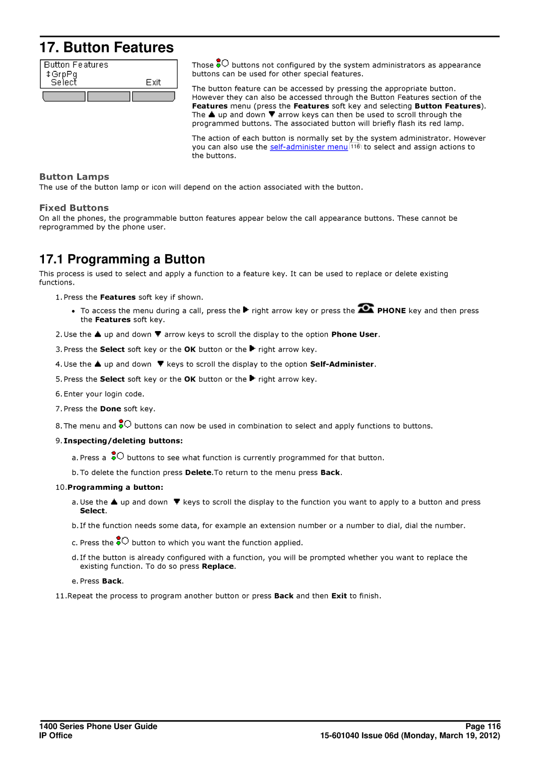 Avaya 15-601040 manual Button Features, Programming a Button, Button Lamps, Fixed Buttons 