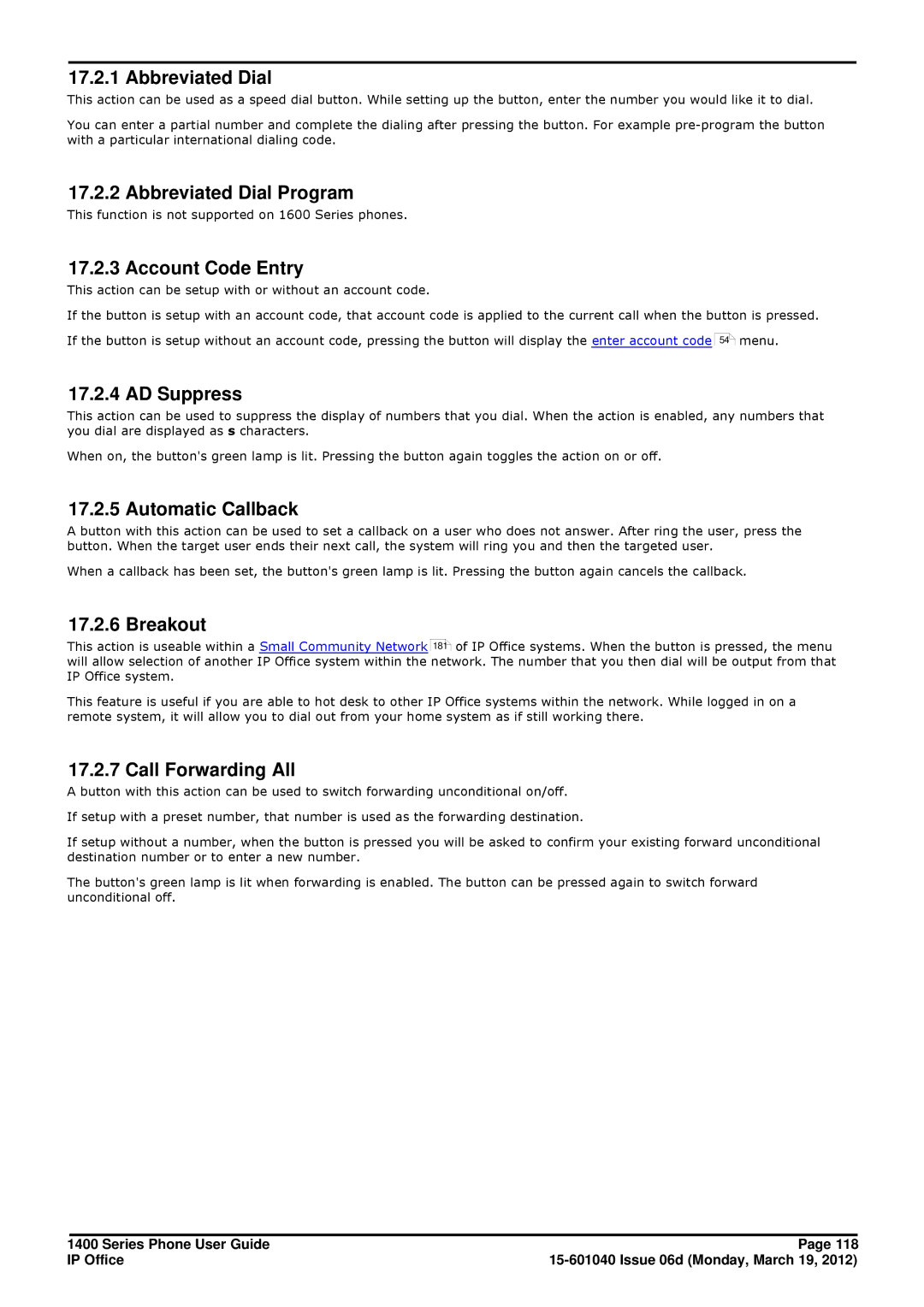 Avaya 15-601040 manual Abbreviated Dial Program, Account Code Entry, AD Suppress, Automatic Callback, Breakout 