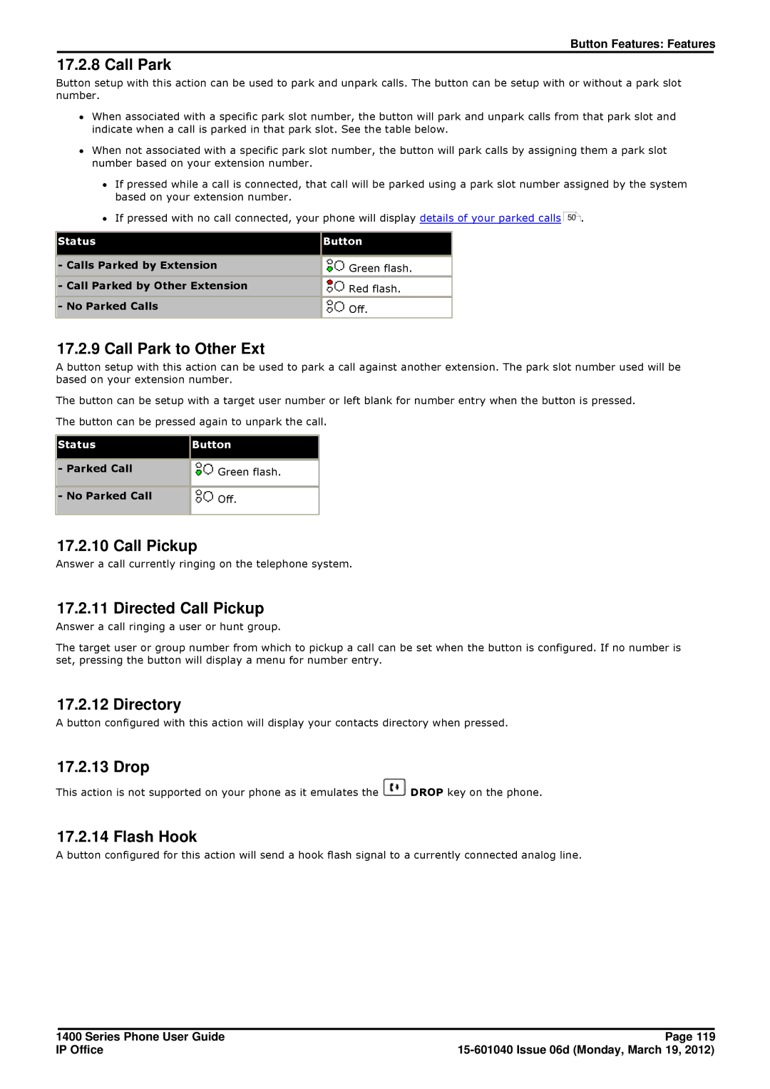 Avaya 15-601040 manual Call Park to Other Ext, Directed Call Pickup, Directory, Drop, Flash Hook 