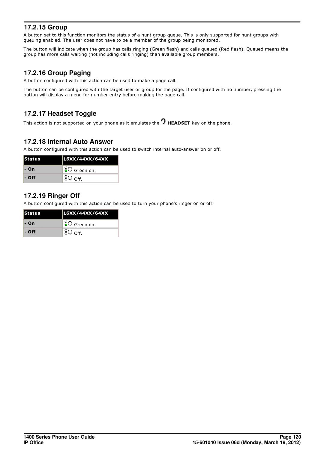 Avaya 15-601040 manual Group Paging, Headset Toggle, Internal Auto Answer, Ringer Off 