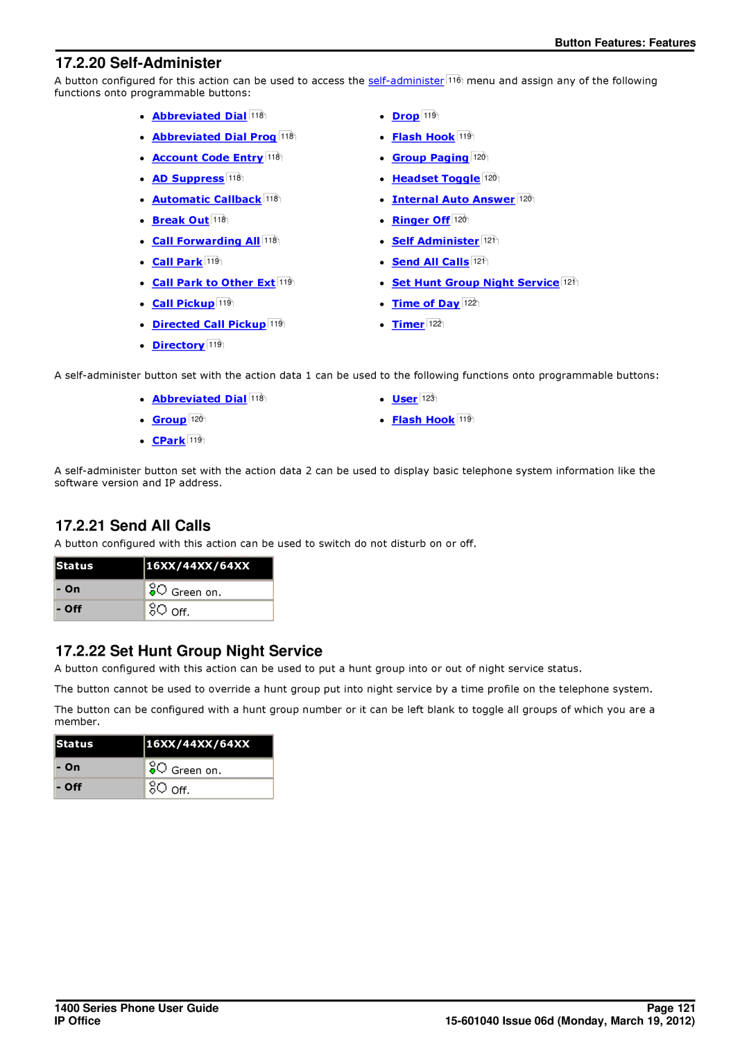 Avaya 15-601040 manual Self-Administer, Send All Calls, Set Hunt Group Night Service 