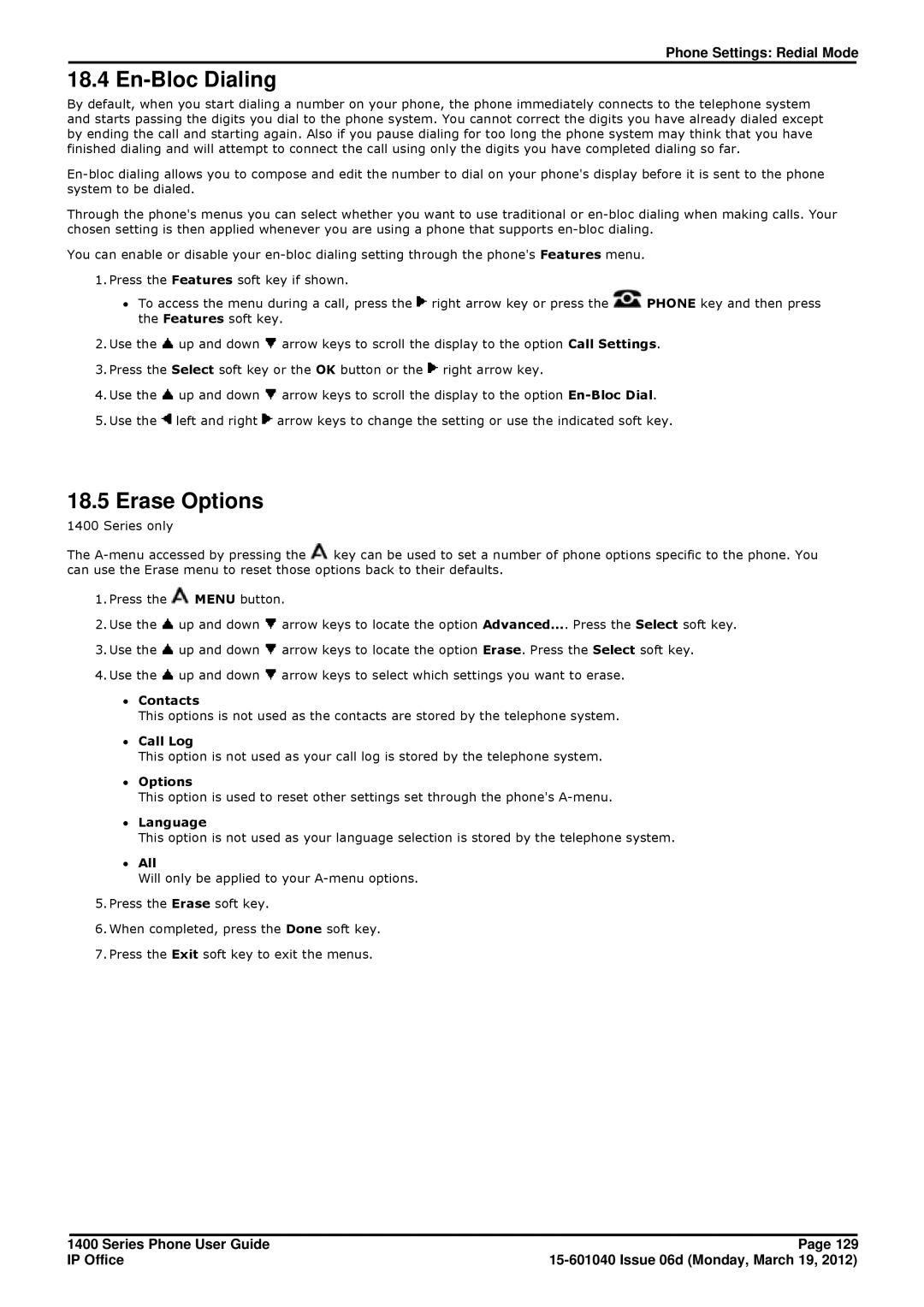 Avaya 15-601040 manual Erase Options, ∙ Contacts, ∙ Call Log, ∙ Options, ∙ Language 