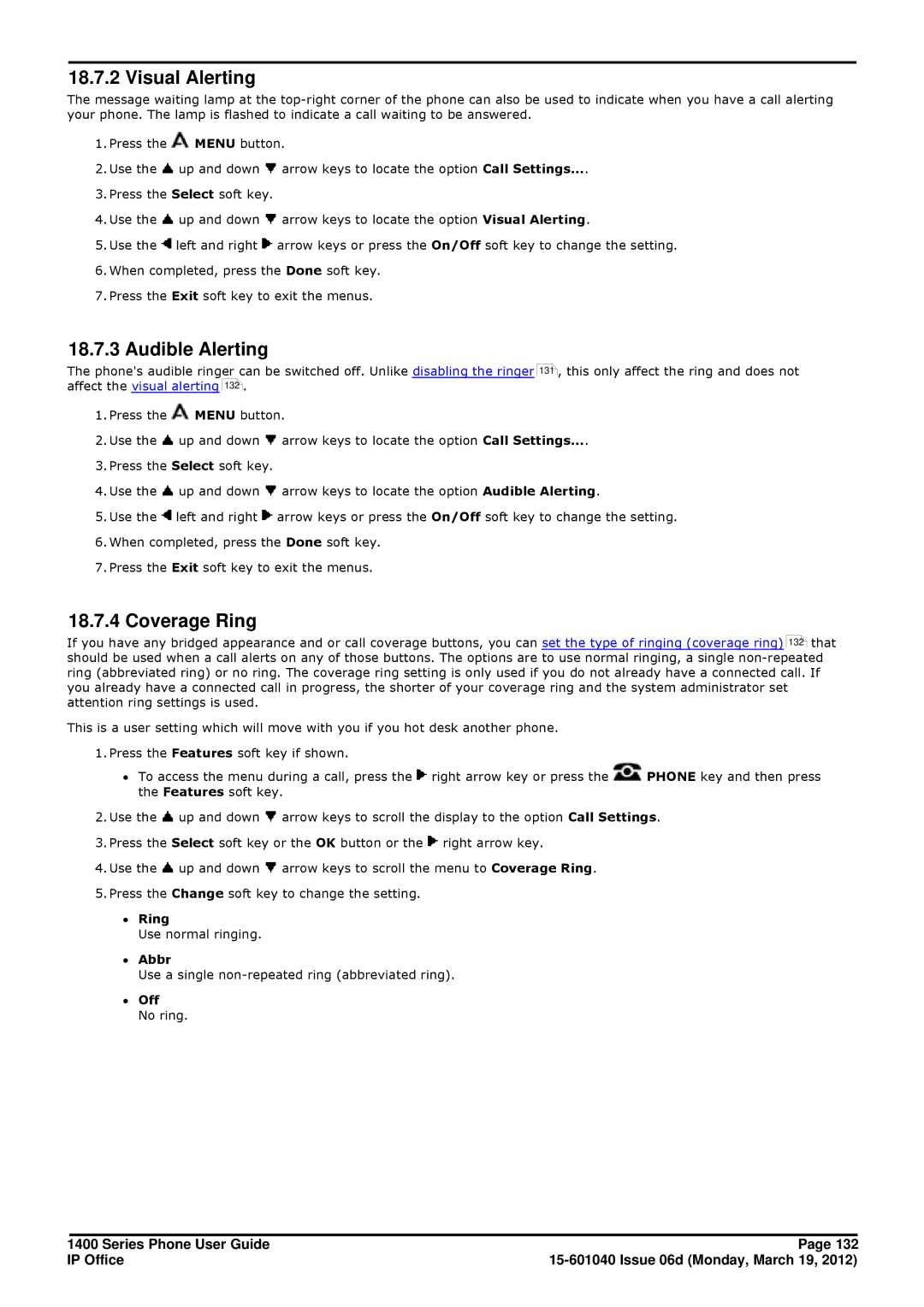 Avaya 15-601040 manual Visual Alerting, Audible Alerting, Coverage Ring, ∙ Ring, ∙ Abbr 