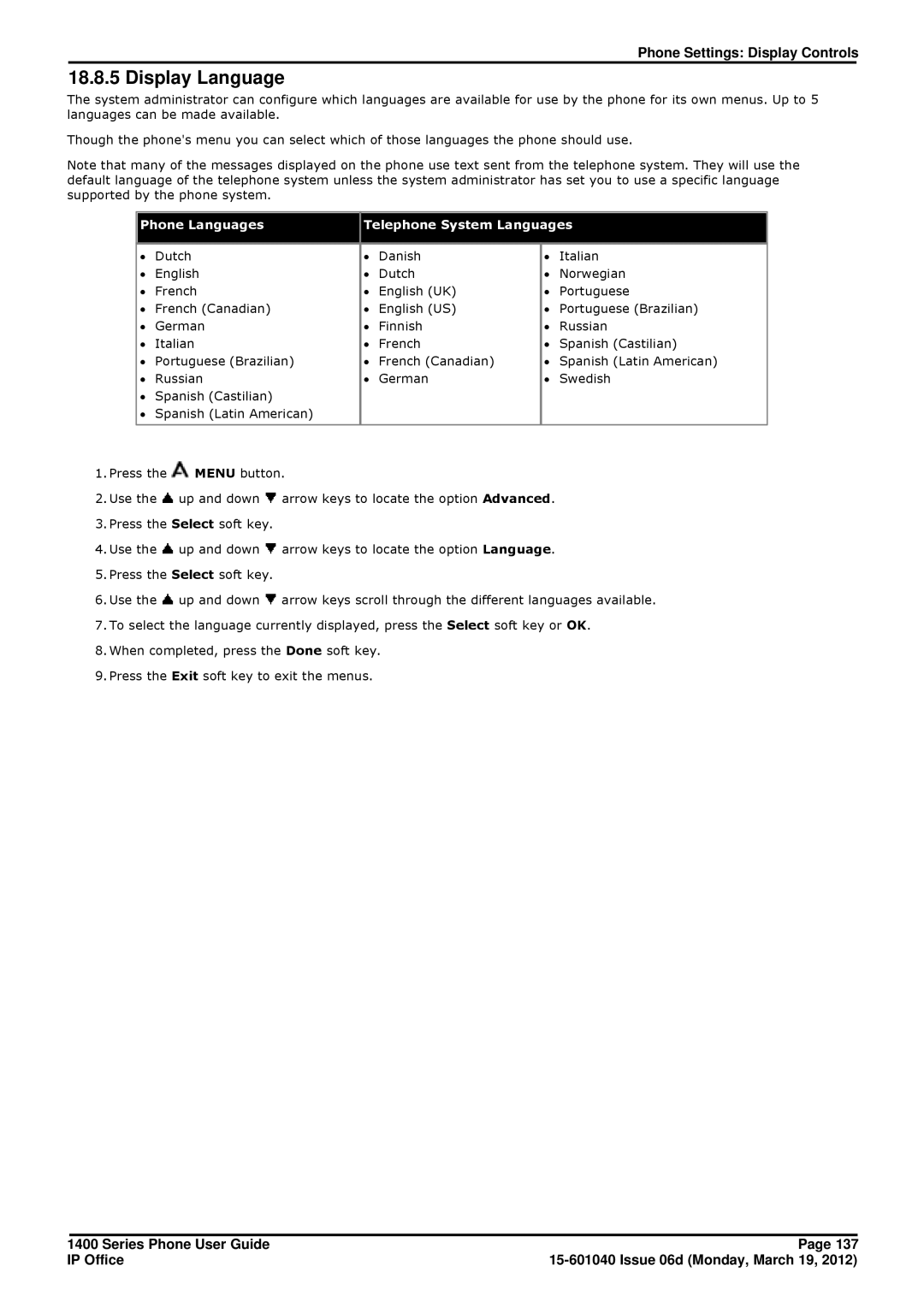 Avaya 15-601040 manual Display Language, Phone Languages Telephone System Languages 