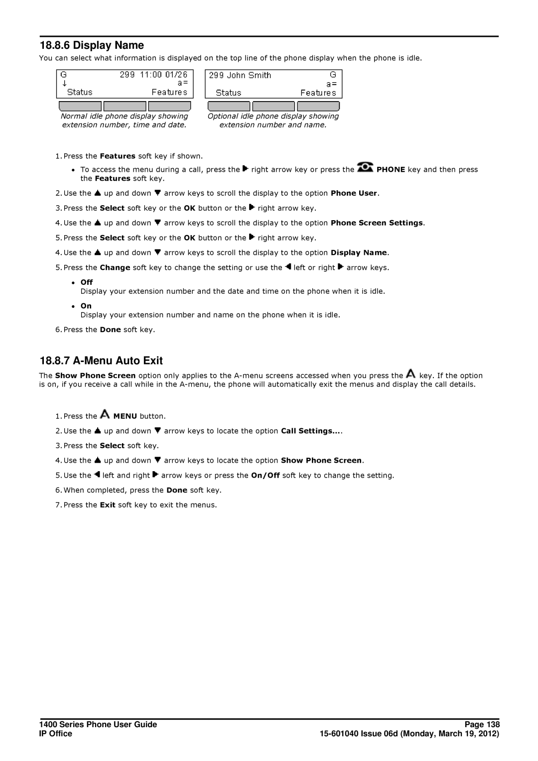 Avaya 15-601040 manual Display Name, Menu Auto Exit, ∙ On 